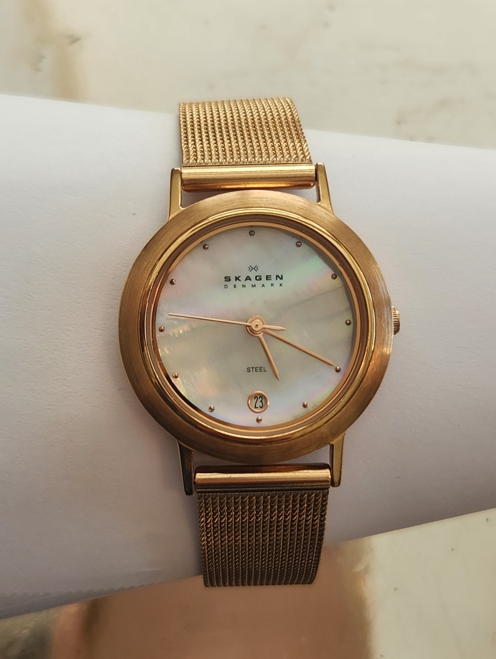 Skagen Rose Gold Watch Mesh Band and MOP Dial